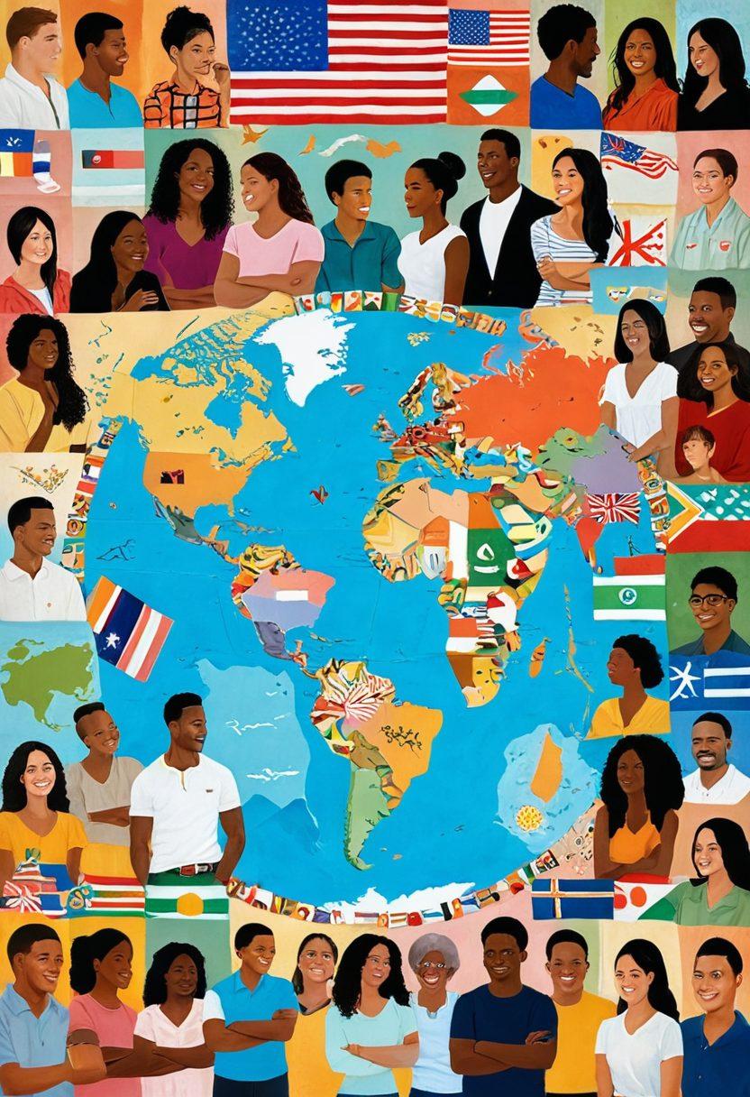 A heartwarming collage showcasing diverse couples from around the world, intertwined with cultural symbols like flags and traditional artifacts. Highlight genuine expressions of love and unity, with soft pastel colors merging seamlessly to represent harmony and connection. The background should feature a world map subtly indicating global diversity. super-realistic. vibrant colors. warm tones.