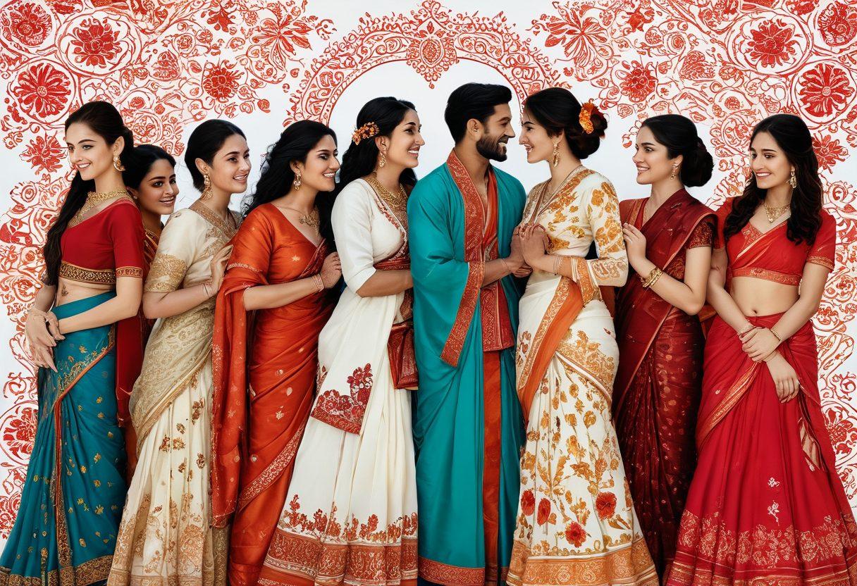 A vibrant collage showcasing couples of diverse cultural backgrounds, each engaged in a traditional celebration that reflects their heritage. Incorporate symbols of love like hearts and flowers intertwined with cultural motifs such as henna designs, colorful saris, and kimonos. The background should be a beautiful mix of scenes from different cultural celebrations, highlighting unity and diversity. The overall tone should radiate warmth, joy, and togetherness. super-realistic. vibrant colors. white background.