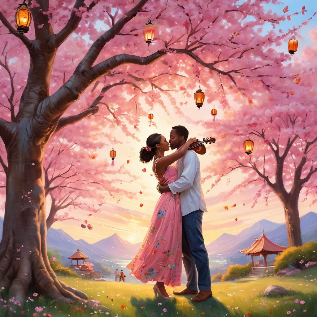 A heartwarming scene depicting a diverse couple embracing as they share a romantic moment under a cherry blossom tree, surrounded by symbols of different cultures like lanterns and musical instruments. Soft pastel colors creating a dreamy atmosphere, highlighting love and unity amidst diversity. Enriched with playful butterflies fluttering around, symbolizing freedom and acceptance. painting. vibrant colors.